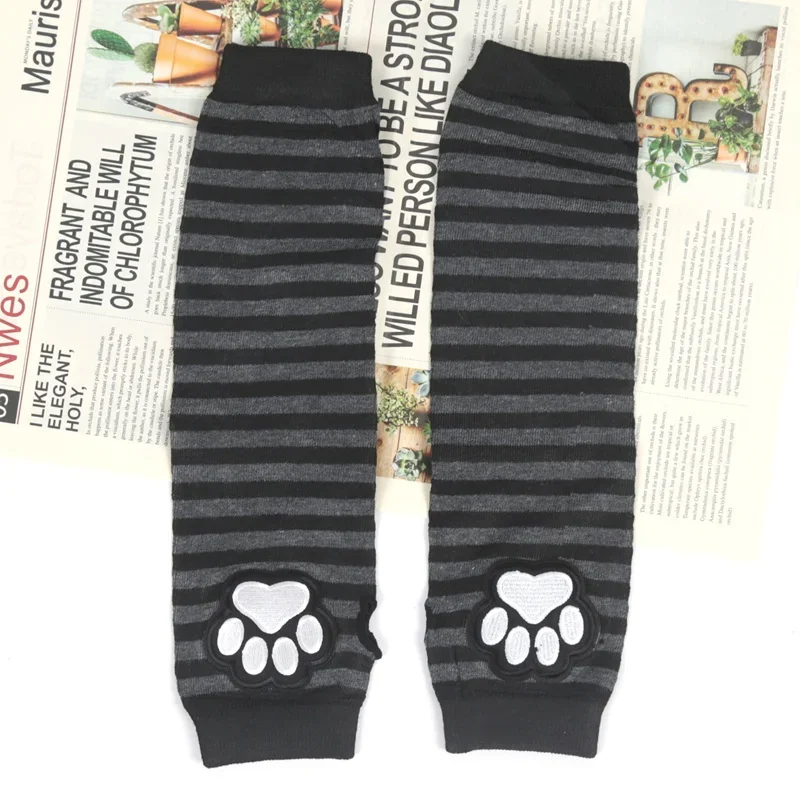 Unisex Black Fingerless Gloves Y2K Gothic Lolita Arm Cover Cute Cat Claw Paw Warmer Striped Sleeves Gloves Long Tube for Women