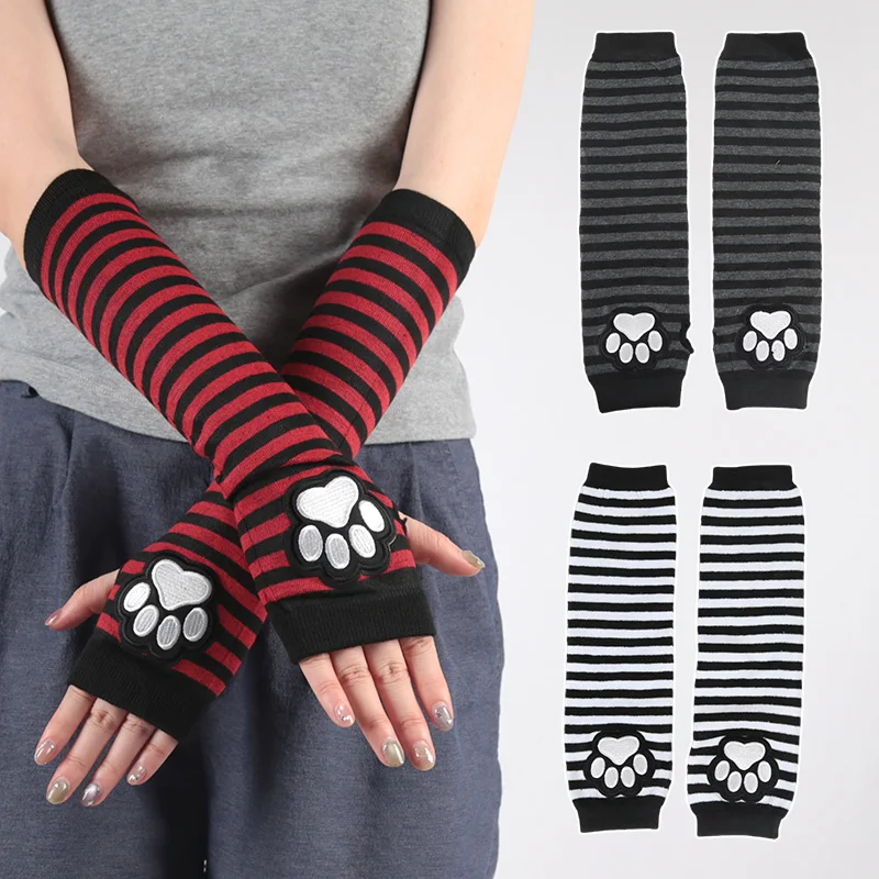 Unisex Black Fingerless Gloves Y2K Gothic Lolita Arm Cover Cute Cat Claw Paw Warmer Striped Sleeves Gloves Long Tube for Women