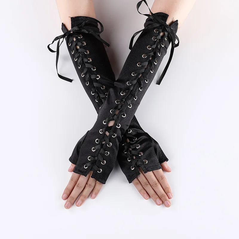Women Sexy Bandage Ribbon Frenulum Lace Satin Long Gloves Cosplay Stage Performances Lolita Fashion Personality Mittens