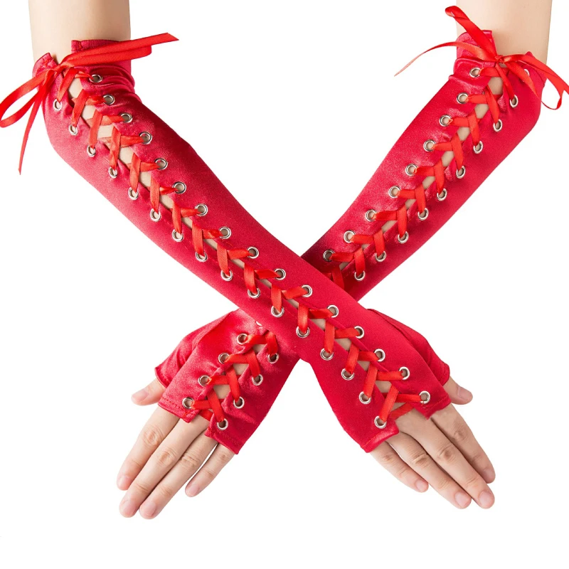 Women Sexy Bandage Ribbon Frenulum Lace Satin Long Gloves Cosplay Stage Performances Lolita Fashion Personality Mittens