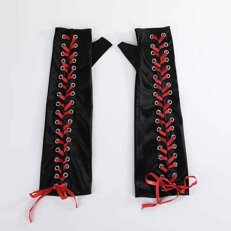 Women Sexy Bandage Ribbon Frenulum Lace Satin Long Gloves Cosplay Stage Performances Lolita Fashion Personality Mittens