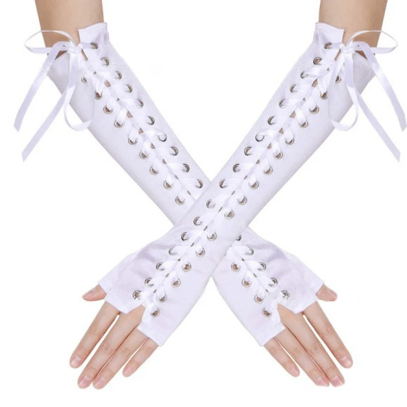 Women Sexy Bandage Ribbon Frenulum Lace Satin Long Gloves Cosplay Stage Performances Lolita Fashion Personality Mittens