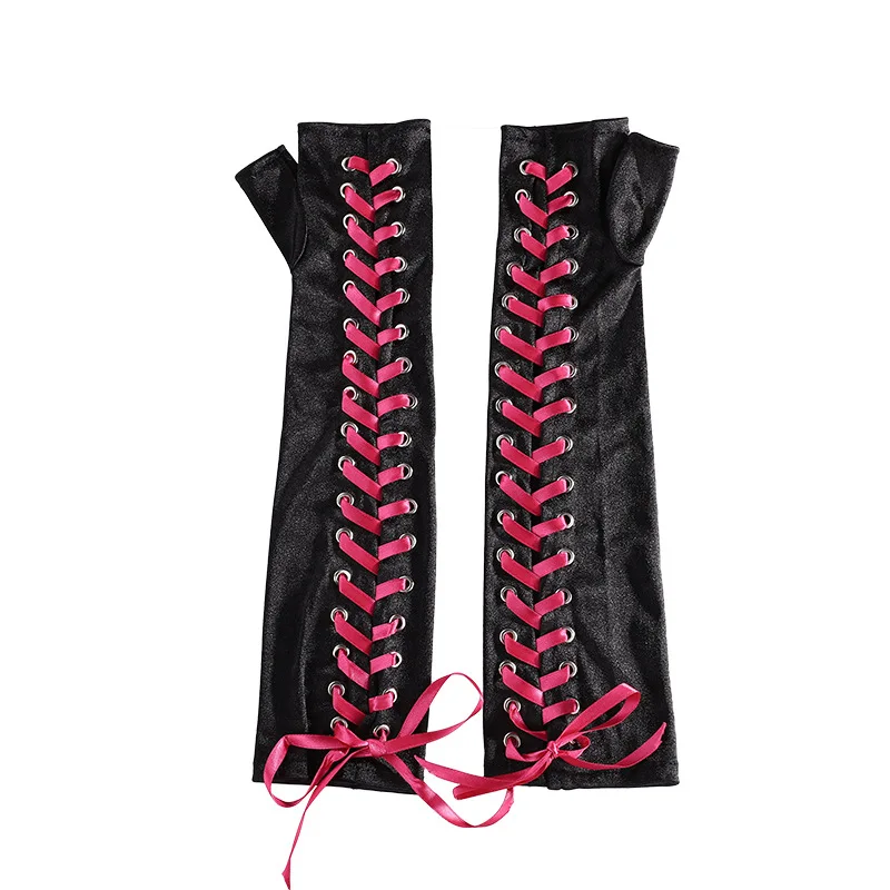 Women Sexy Bandage Ribbon Frenulum Lace Satin Long Gloves Cosplay Stage Performances Lolita Fashion Personality Mittens