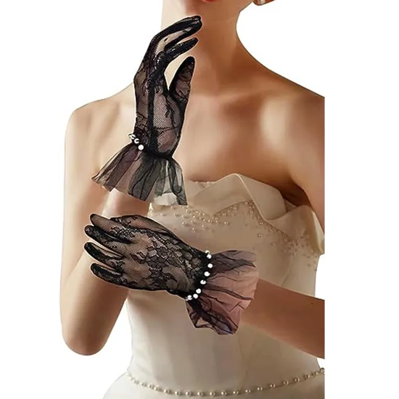 Japanese Soft Girl Black White Lace Gloves Girl Gothic Lolita Mesh Bow Flower Lace Gloves Sweet Wristband Maid Cosplay Accessory