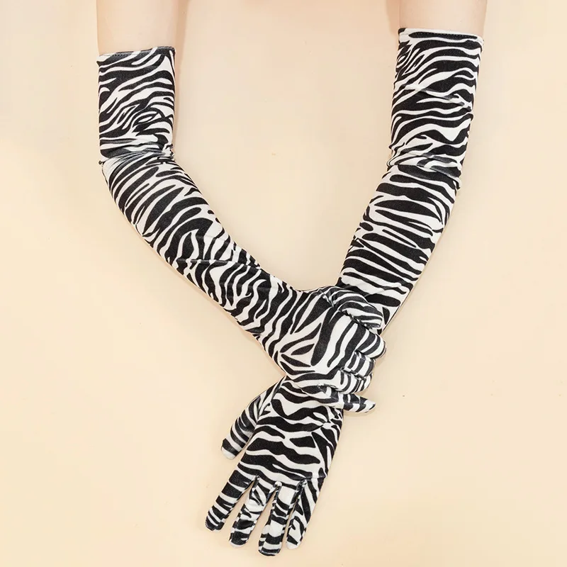 53CM Gold Velvet Fashion Personality Zebra Leopard Print Keep Warm Stage Performance Party Cosplay Soft Women Long Gloves