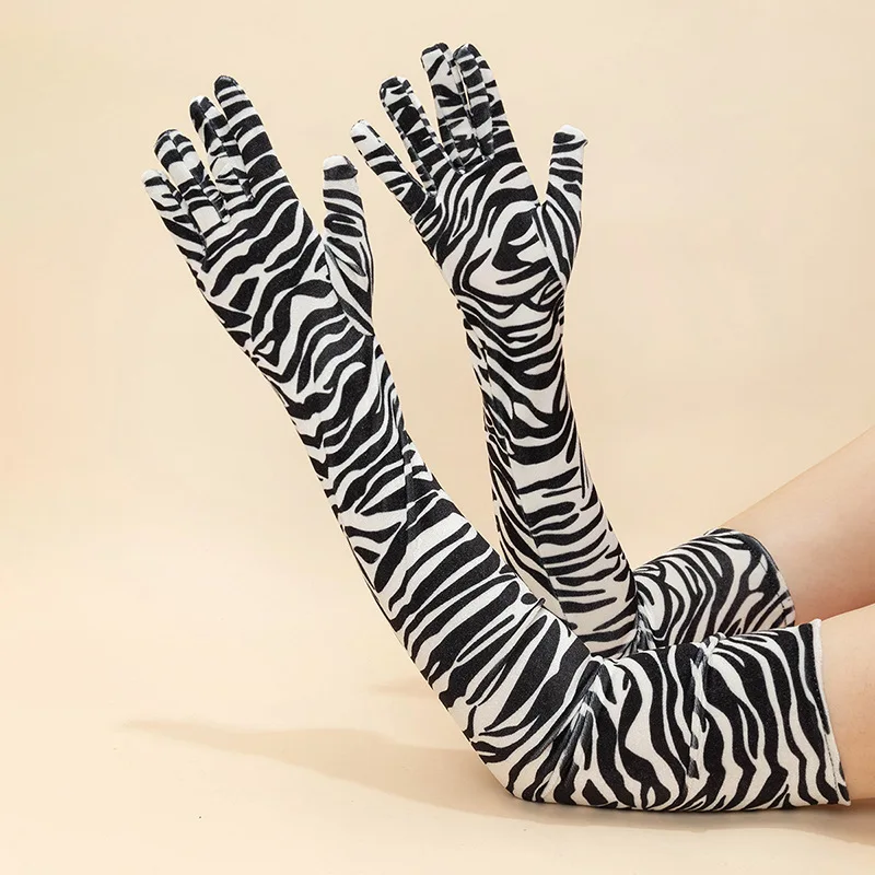 53CM Gold Velvet Fashion Personality Zebra Leopard Print Keep Warm Stage Performance Party Cosplay Soft Women Long Gloves