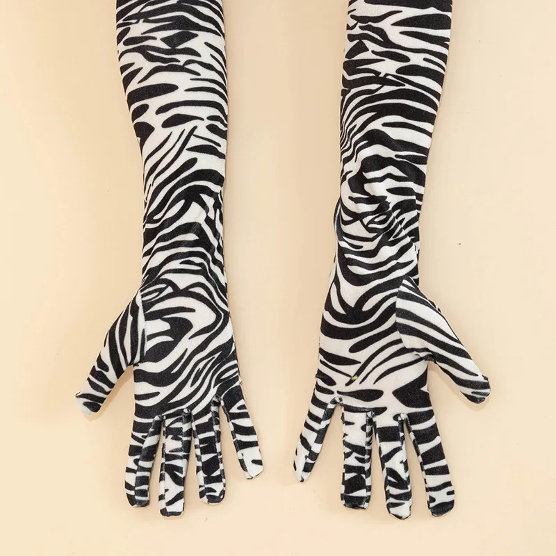 53CM Gold Velvet Fashion Personality Zebra Leopard Print Keep Warm Stage Performance Party Cosplay Soft Women Long Gloves