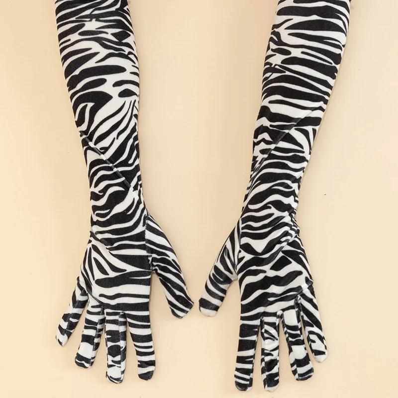 53CM Gold Velvet Fashion Personality Zebra Leopard Print Keep Warm Stage Performance Party Cosplay Soft Women Long Gloves