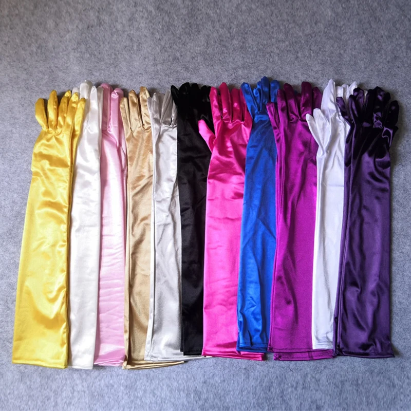 55cm Women Solid Satin Elegant Formal Evening Etiquette Long Gloves Bride Dress Party Soft Smooth Cosplay Stage Performance