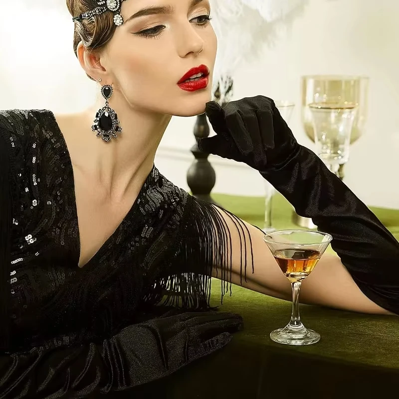 Sexy Classic Adult Black Spandex Opera Elbow Stretch Finger Long Gloves Women 1920s Flapper Costume Dinner Gloves Accessories