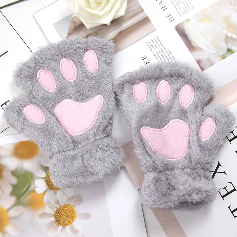 Women Cartoon Cat Claw Gloves Thicken Fingerless Plush Bears Warm Cute Thick Bear Paw Fingers Half Winter Kawaii Mittens Gloves
