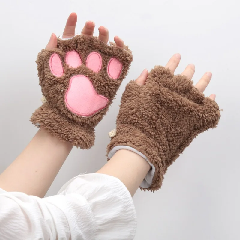 Women Cartoon Cat Claw Gloves Thicken Fingerless Plush Bears Warm Cute Thick Bear Paw Fingers Half Winter Kawaii Mittens Gloves