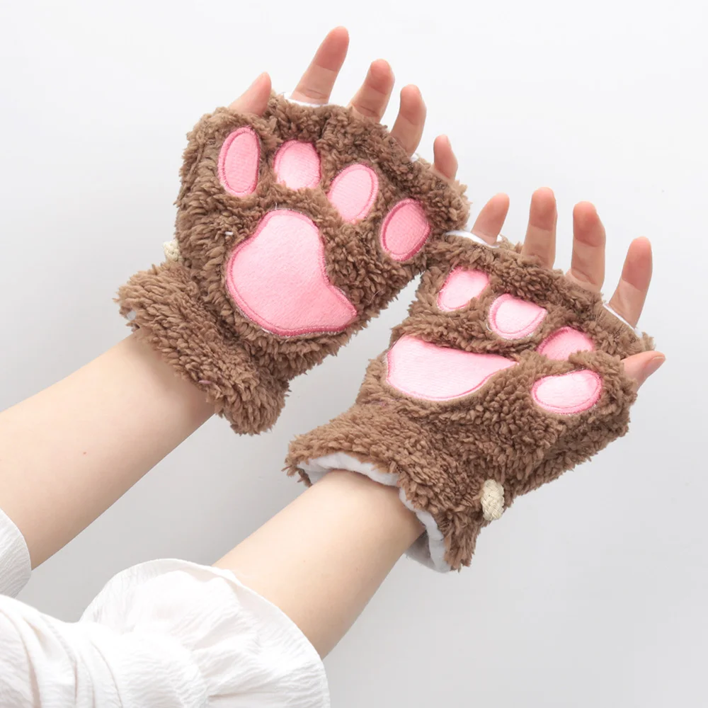 Women Cartoon Cat Claw Gloves Thicken Fingerless Plush Bears Warm Cute Thick Bear Paw Fingers Half Winter Kawaii Mittens Gloves