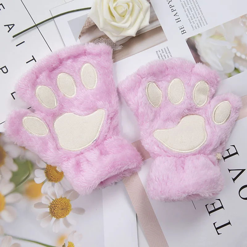Women Cartoon Cat Claw Gloves Thicken Fingerless Plush Bears Warm Cute Thick Bear Paw Fingers Half Winter Kawaii Mittens Gloves