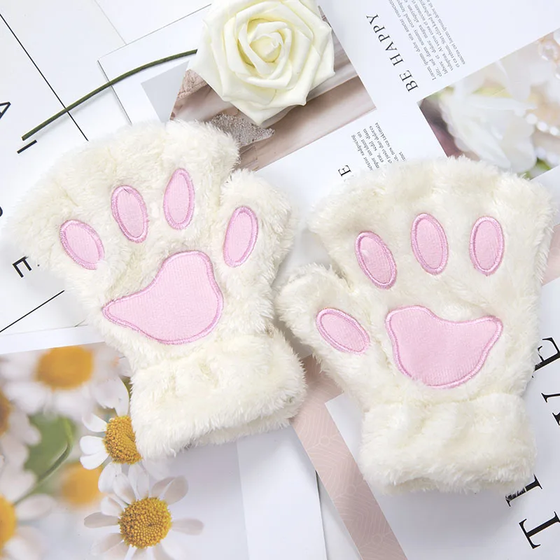 Women Cartoon Cat Claw Gloves Thicken Fingerless Plush Bears Warm Cute Thick Bear Paw Fingers Half Winter Kawaii Mittens Gloves