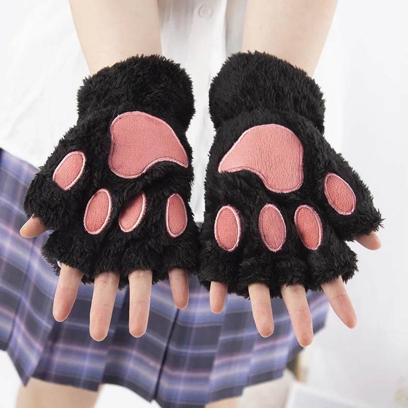 Women Cartoon Cat Claw Gloves Thicken Fingerless Plush Bears Warm Cute Thick Bear Paw Fingers Half Winter Kawaii Mittens Gloves