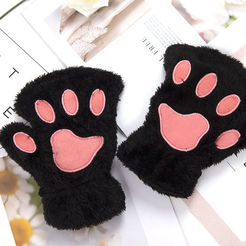 Women Cartoon Cat Claw Gloves Thicken Fingerless Plush Bears Warm Cute Thick Bear Paw Fingers Half Winter Kawaii Mittens Gloves