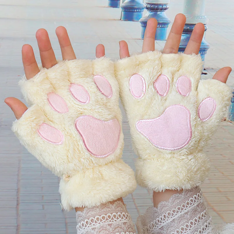 Women Cartoon Cat Claw Gloves Thicken Fingerless Plush Bears Warm Cute Thick Bear Paw Fingers Half Winter Kawaii Mittens Gloves