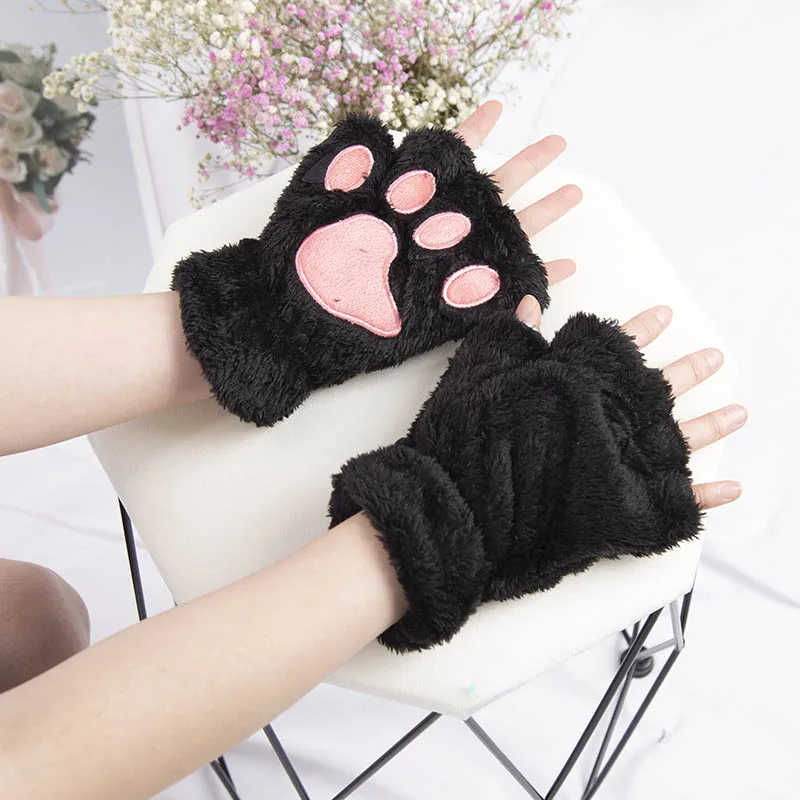 Women Cartoon Cat Claw Gloves Thicken Fingerless Plush Bears Warm Cute Thick Bear Paw Fingers Half Winter Kawaii Mittens Gloves