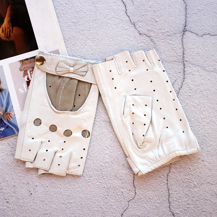 Women's Summer Leather Driving Gloves Fashionable Hollow out Half Finger Thin Motorcycle Riding Short Sheepskin