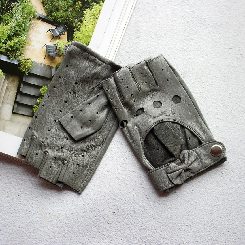 Women's Summer Leather Driving Gloves Fashionable Hollow out Half Finger Thin Motorcycle Riding Short Sheepskin