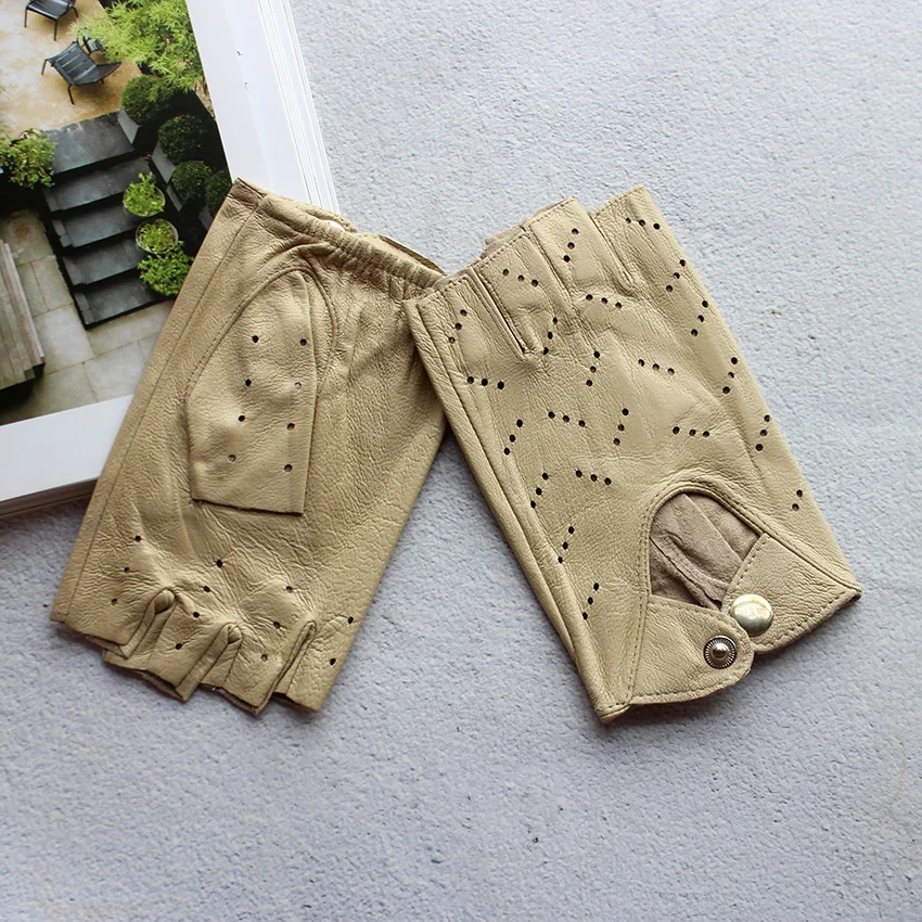 Women's Summer Leather Driving Gloves Fashionable Hollow out Half Finger Thin Motorcycle Riding Short Sheepskin