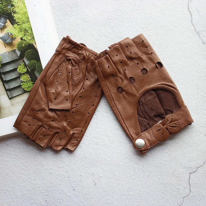 Women's Summer Leather Driving Gloves Fashionable Hollow out Half Finger Thin Motorcycle Riding Short Sheepskin