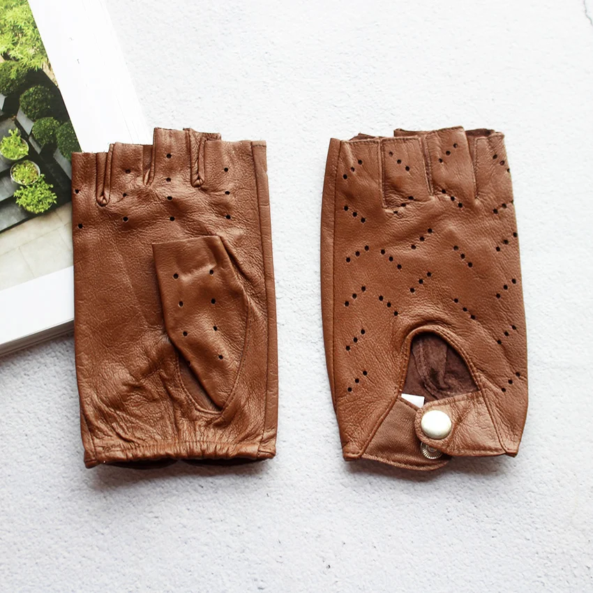 Women's Summer Leather Driving Gloves Fashionable Hollow out Half Finger Thin Motorcycle Riding Short Sheepskin