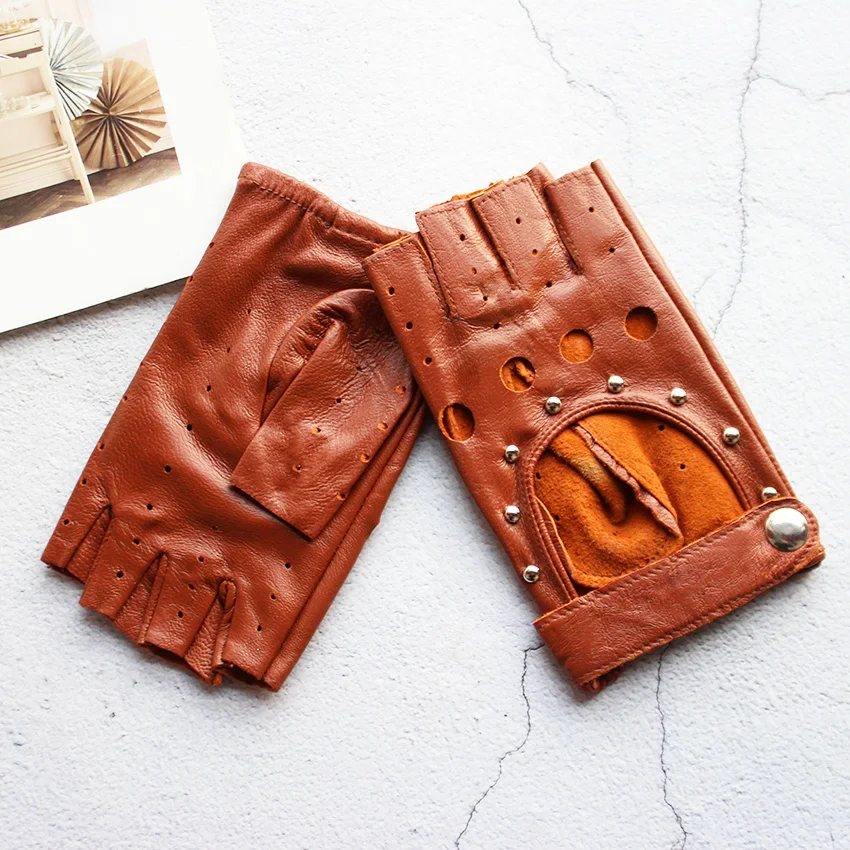 Women's Summer Leather Driving Gloves Fashionable Hollow out Half Finger Thin Motorcycle Riding Short Sheepskin