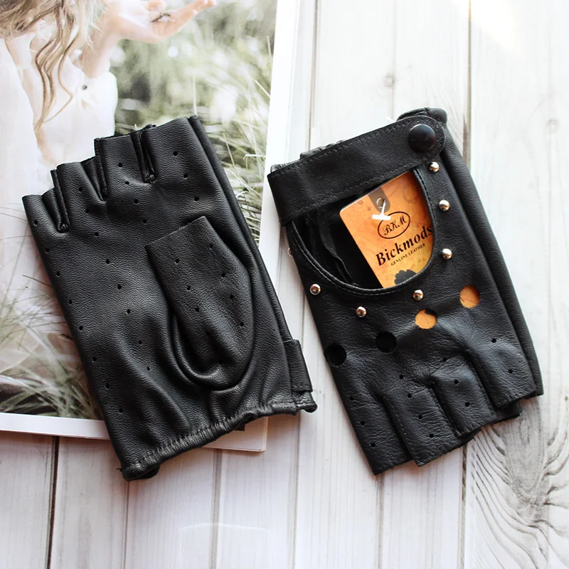 Women's Summer Leather Driving Gloves Fashionable Hollow out Half Finger Thin Motorcycle Riding Short Sheepskin