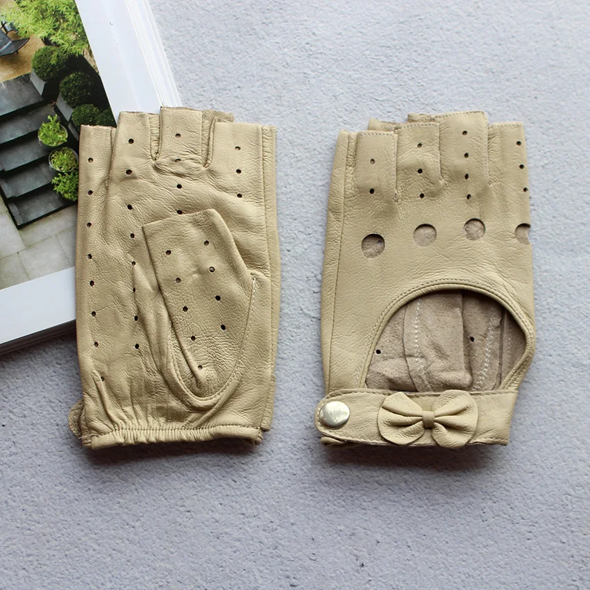 Women's Summer Leather Driving Gloves Fashionable Hollow out Half Finger Thin Motorcycle Riding Short Sheepskin