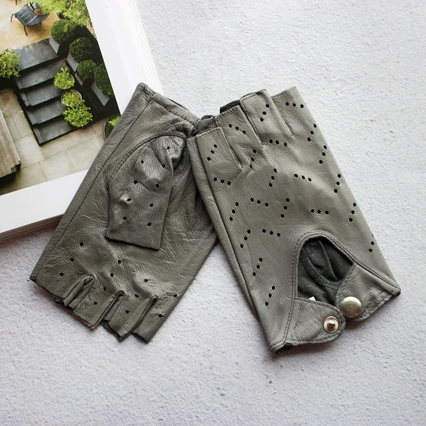 Women's Summer Leather Driving Gloves Fashionable Hollow out Half Finger Thin Motorcycle Riding Short Sheepskin