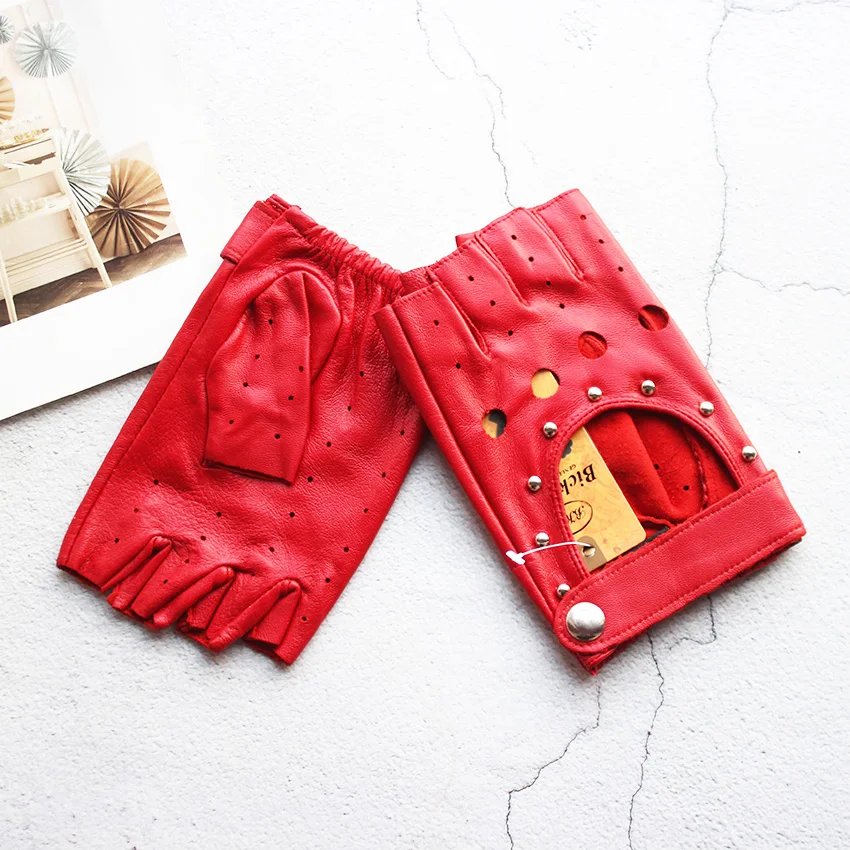 Women's Summer Leather Driving Gloves Fashionable Hollow out Half Finger Thin Motorcycle Riding Short Sheepskin