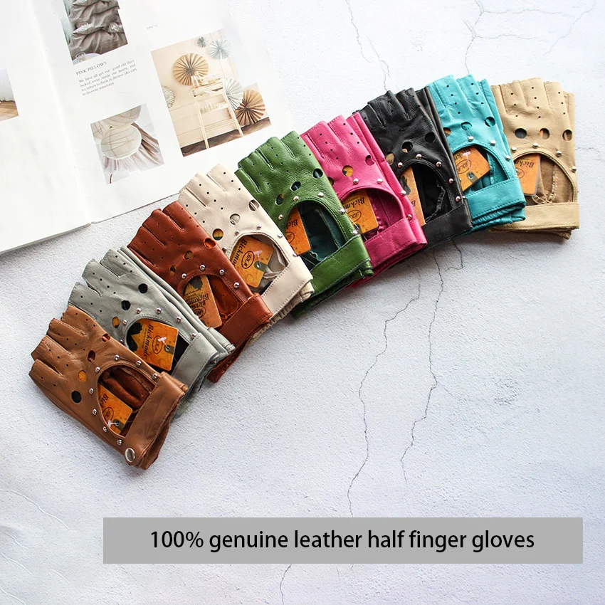 Women's Summer Leather Driving Gloves Fashionable Hollow out Half Finger Thin Motorcycle Riding Short Sheepskin