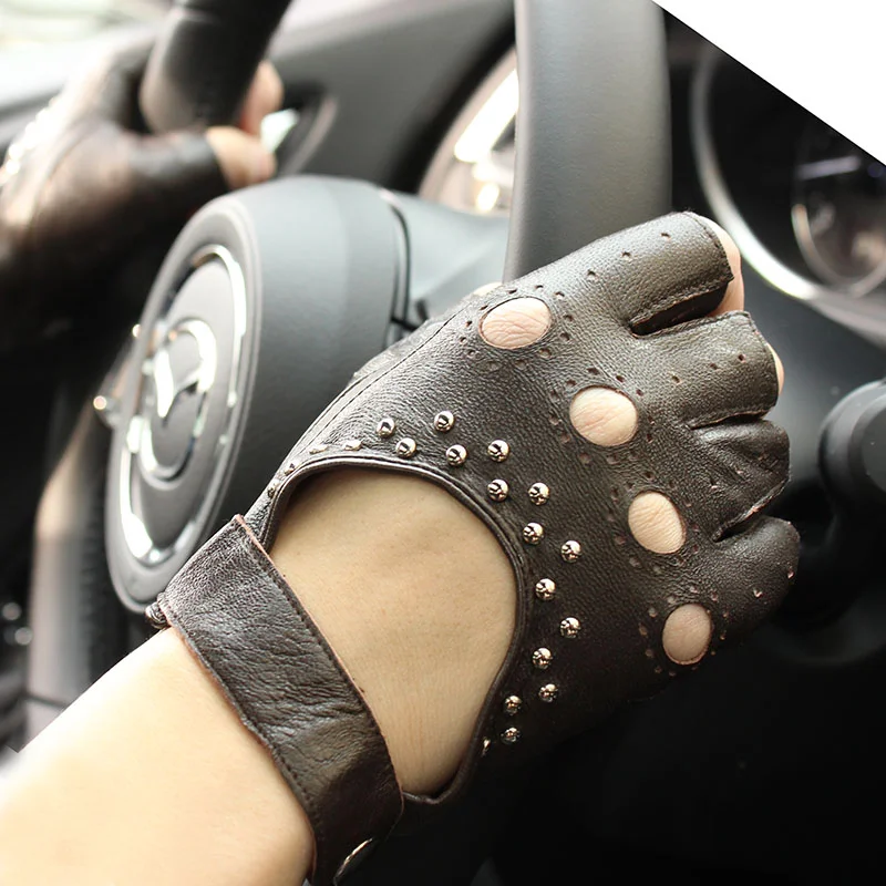 Women's Summer Leather Driving Gloves Fashionable Hollow out Half Finger Thin Motorcycle Riding Short Sheepskin