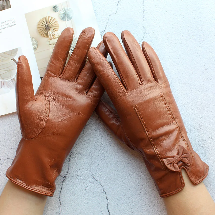 Women's Winter Warm Color Leather Gloves Fashion Striped Style Windproof Sheepskin Velvet Lining Driving Gloves