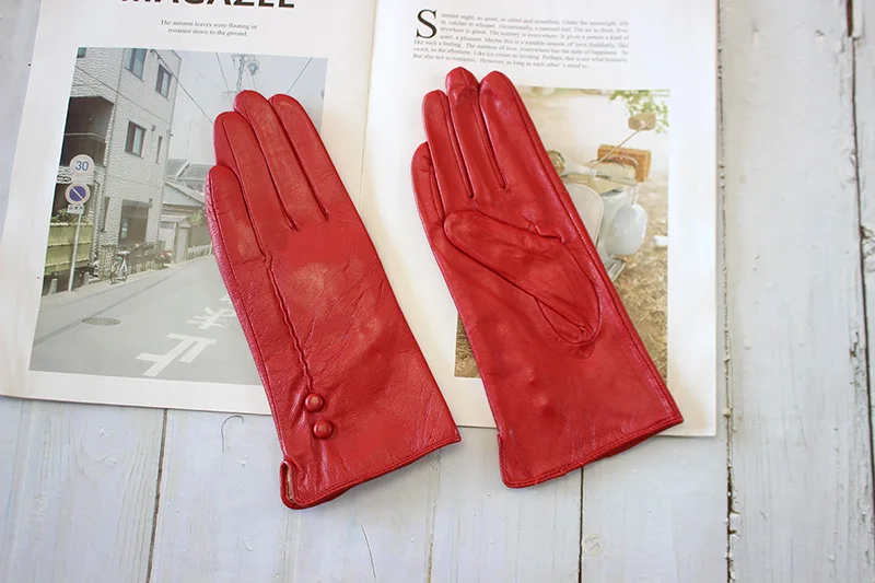 Women's Winter Warm Color Leather Gloves Fashion Striped Style Windproof Sheepskin Velvet Lining Driving Gloves