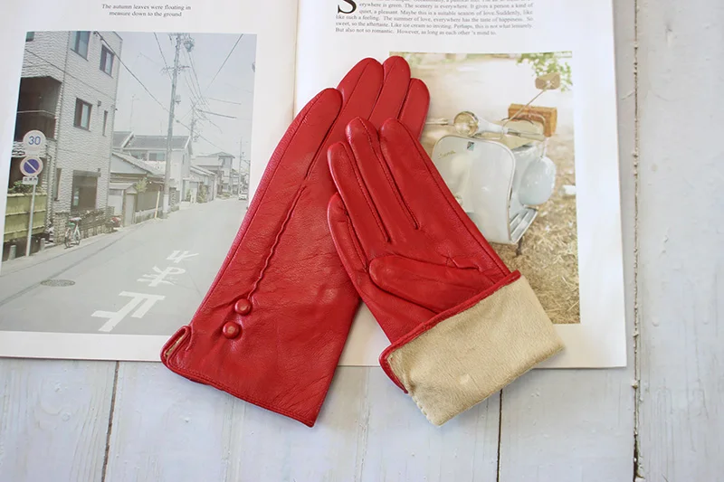 Women's Winter Warm Color Leather Gloves Fashion Striped Style Windproof Sheepskin Velvet Lining Driving Gloves