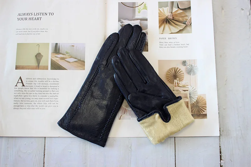 Women's Winter Warm Color Leather Gloves Fashion Striped Style Windproof Sheepskin Velvet Lining Driving Gloves