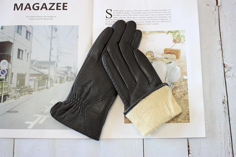 Women's Winter Warm Color Leather Gloves Fashion Striped Style Windproof Sheepskin Velvet Lining Driving Gloves