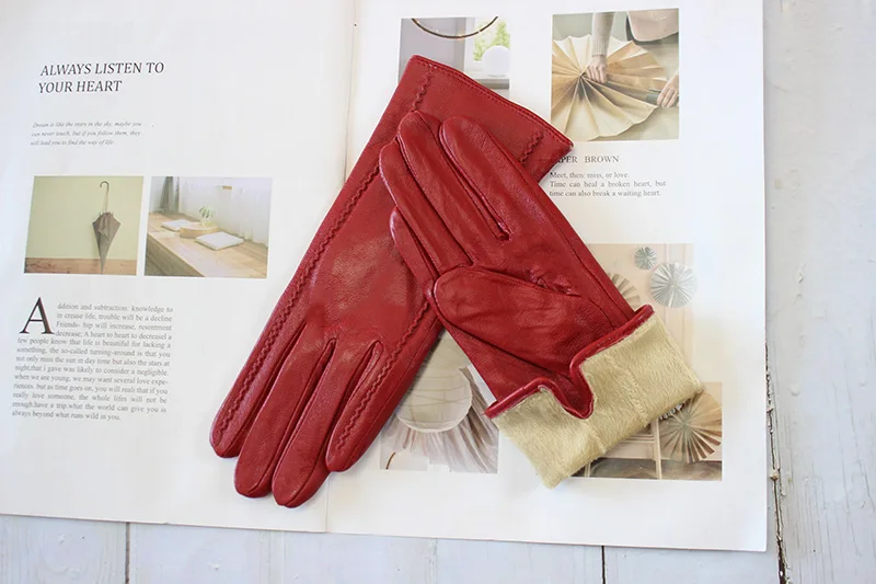 Women's Winter Warm Color Leather Gloves Fashion Striped Style Windproof Sheepskin Velvet Lining Driving Gloves