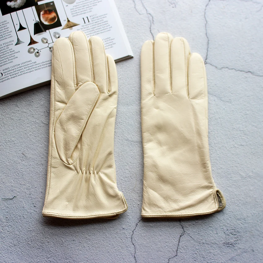 Women's Winter Warm Color Leather Gloves Fashion Striped Style Windproof Sheepskin Velvet Lining Driving Gloves