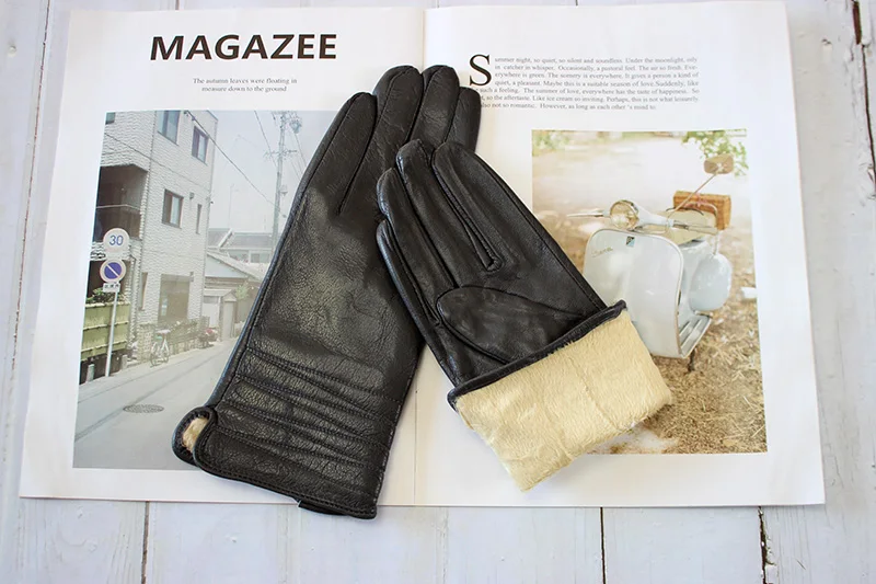 Women's Winter Warm Color Leather Gloves Fashion Striped Style Windproof Sheepskin Velvet Lining Driving Gloves