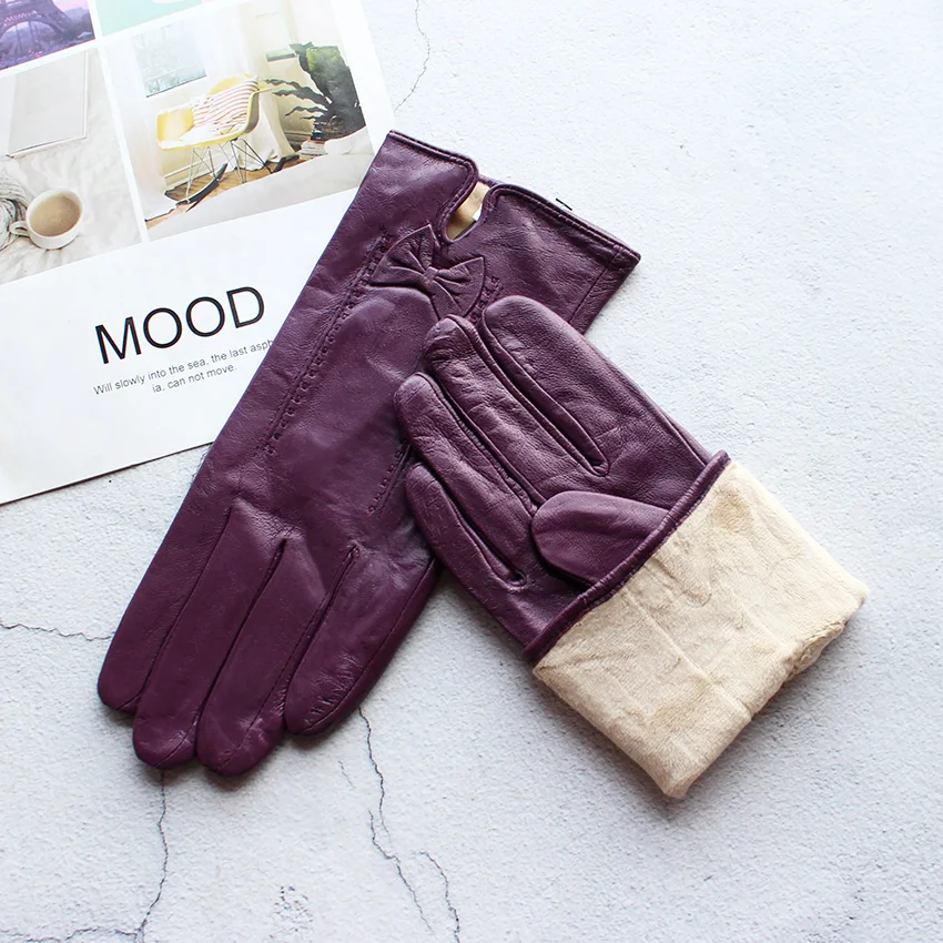 Women's Winter Warm Color Leather Gloves Fashion Striped Style Windproof Sheepskin Velvet Lining Driving Gloves