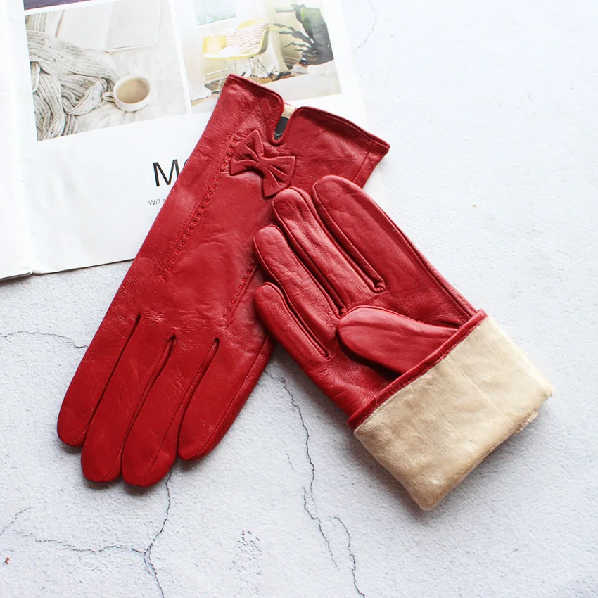Women's Winter Warm Color Leather Gloves Fashion Striped Style Windproof Sheepskin Velvet Lining Driving Gloves