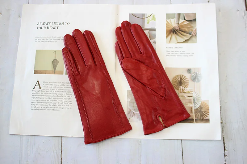 Women's Winter Warm Color Leather Gloves Fashion Striped Style Windproof Sheepskin Velvet Lining Driving Gloves