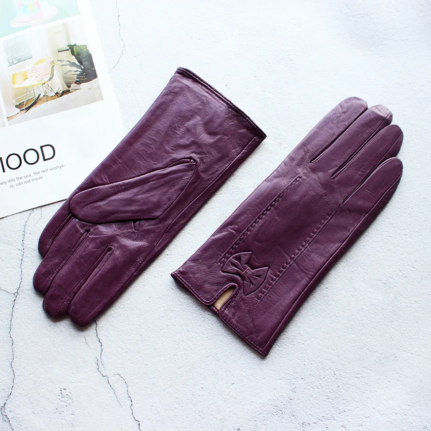 Women's Winter Warm Color Leather Gloves Fashion Striped Style Windproof Sheepskin Velvet Lining Driving Gloves
