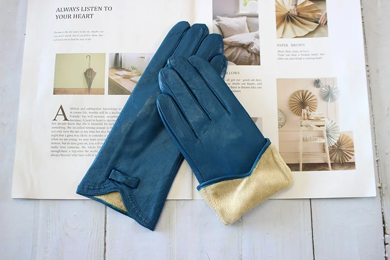Women's Winter Warm Color Leather Gloves Fashion Striped Style Windproof Sheepskin Velvet Lining Driving Gloves