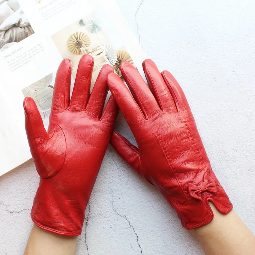 Women's Winter Warm Color Leather Gloves Fashion Striped Style Windproof Sheepskin Velvet Lining Driving Gloves