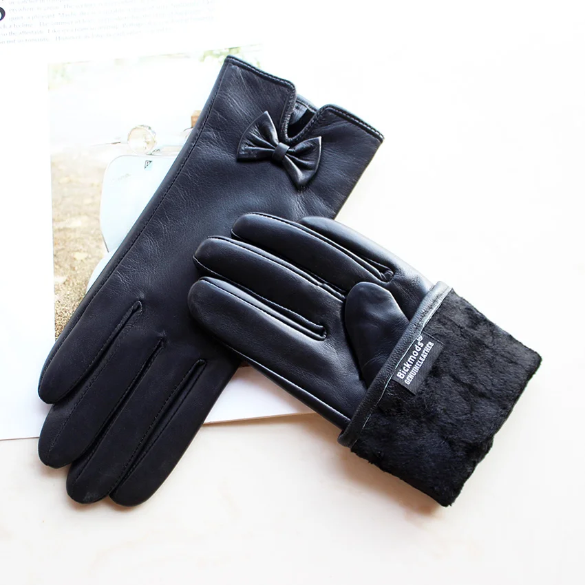 Women's Winter Warm Color Leather Gloves Fashion Striped Style Windproof Sheepskin Velvet Lining Driving Gloves